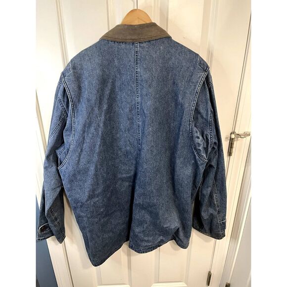 Vintage Land's End Denim Chore Jacket Plaid Lined with Leather Collar Size Large - Picture 2 of 9
